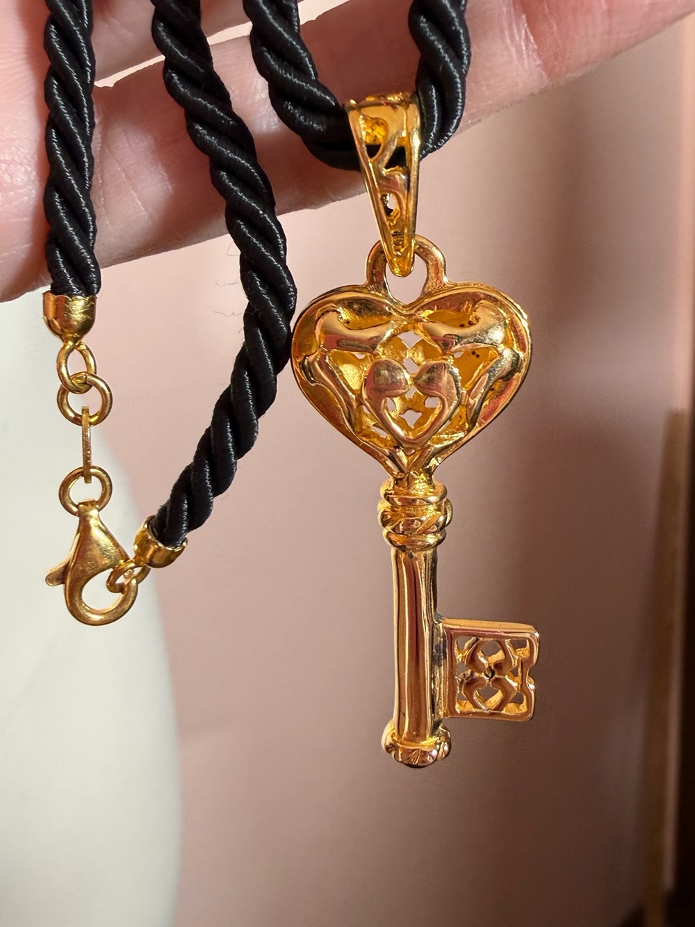 Vintage gold plated sterling silver Filagree key black Designer Necklace Italy